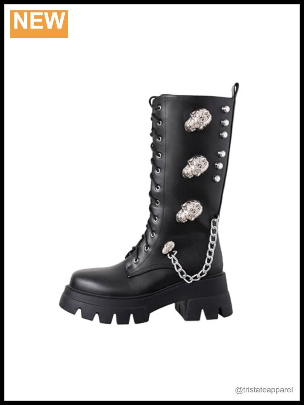 Mid Calf Combat Boots Faux Leather Side Zip Punk Skull Chain Shoes